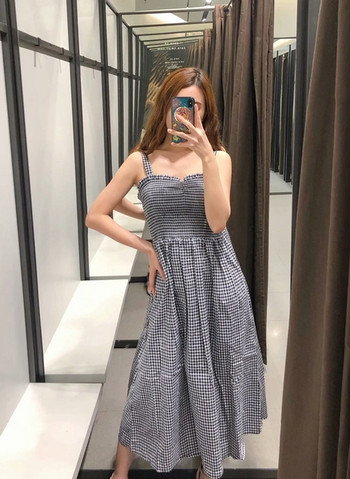 Női hosszú kockás ruha vékony pántokkal