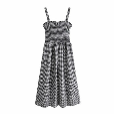 Női hosszú kockás ruha vékony pántokkal