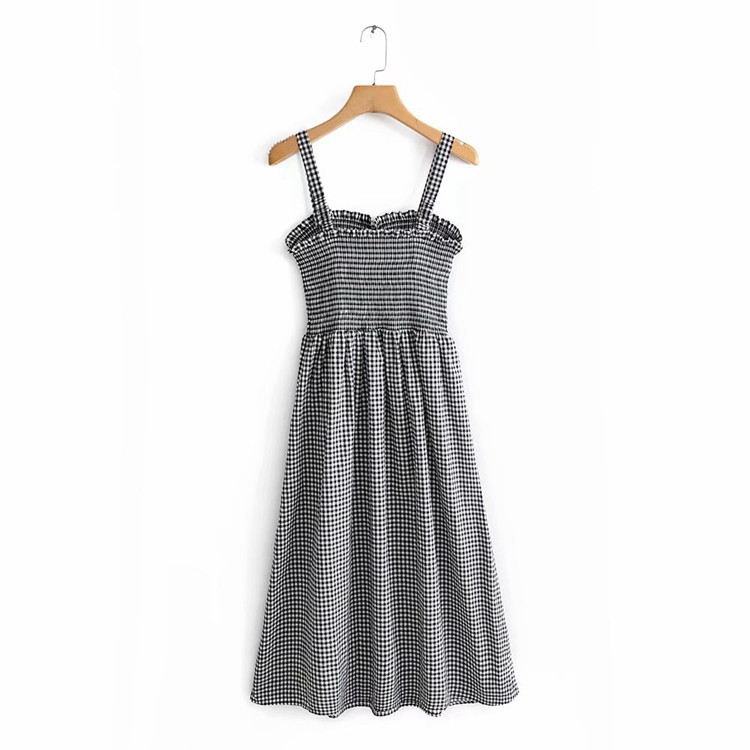 Női hosszú kockás ruha vékony pántokkal