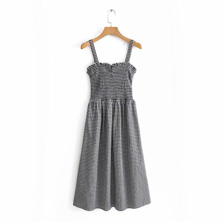 Női hosszú kockás ruha vékony pántokkal