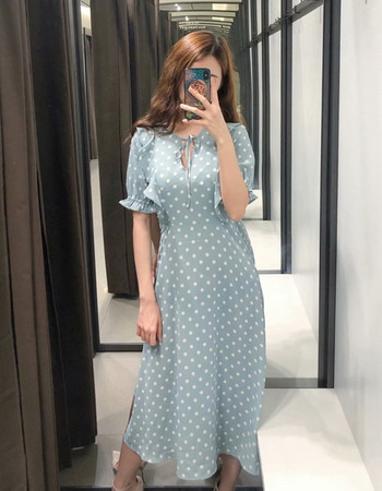 Női hosszú ruha kék pöttyös nyakkendővel