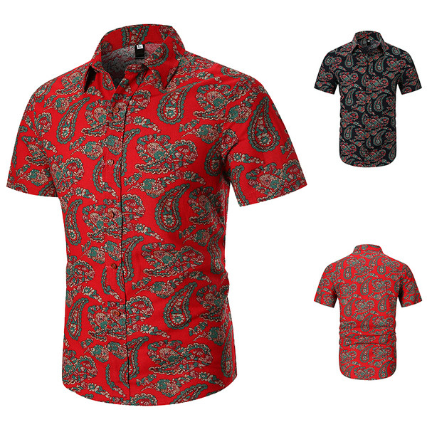 Cămașă modernă pentru bărbați cu mâneci scurte în negru și roșu