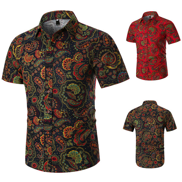 Modern férfi ing rövid ujjú, klasszikus gallérral zöld és piros színben