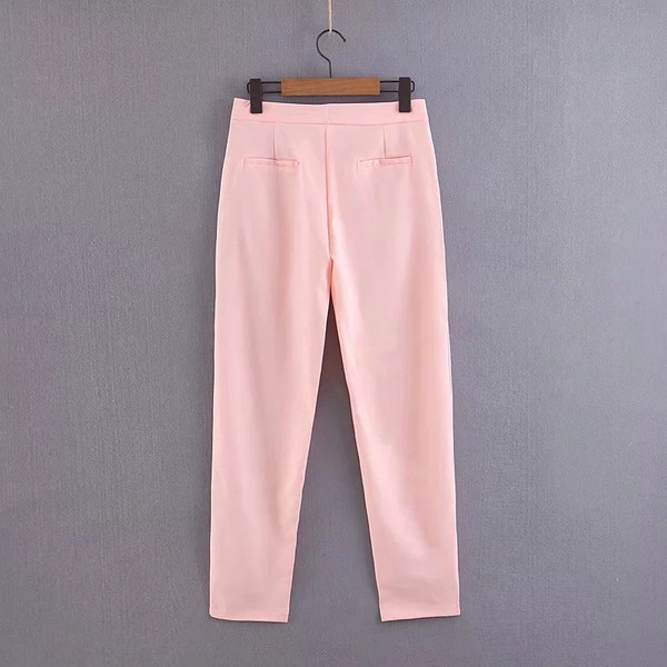 Стилен дамски панталон с висока талия в розов цвят 