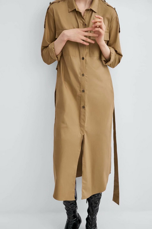 Rochie lunga de dama cu guler clasic si buzunare