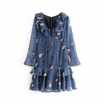 V-nyakú, virágmintás női ruha, hosszú ujjal