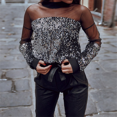 Стилна дамска блуза с дълъг ръкав и пайети в черен цвят 