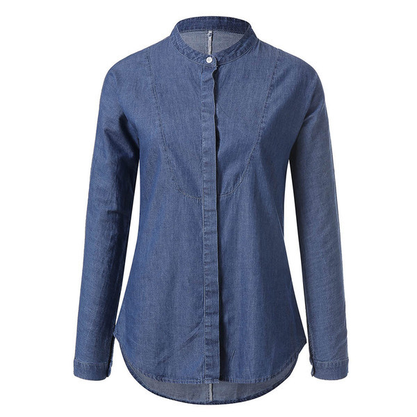 Alkalmi női farmer ing hosszú ujjal és gombokkal, kék színben