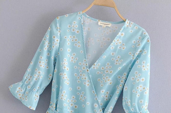 Rochie de damă cu mâneci scurte și decolteu în V de culoare albastră