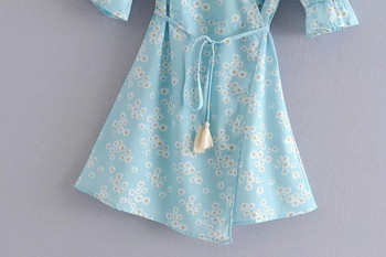 Rochie de damă cu mâneci scurte și decolteu în V de culoare albastră