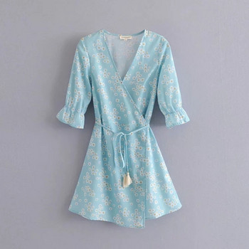 Rochie de damă cu mâneci scurte și decolteu în V de culoare albastră