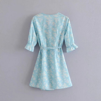 Rochie de damă cu mâneci scurte și decolteu în V de culoare albastră