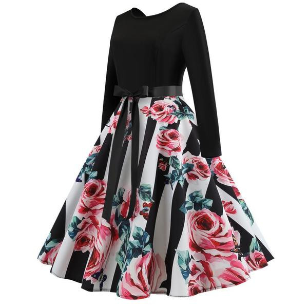 Rochie modernă de damă cu mâneci lungi și decolteu O în negru