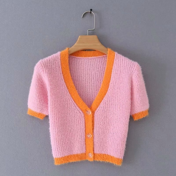 Rövid női kardigán rövid ujjú, rózsaszín