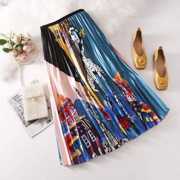 Fusta de dama plisata cu talie inalta cu imprimeu