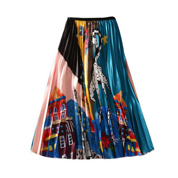 Fusta de dama plisata cu talie inalta cu imprimeu