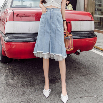 Fusta dama casual din denim cu tul