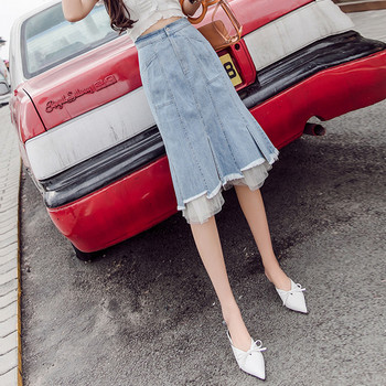 Fusta dama casual din denim cu tul