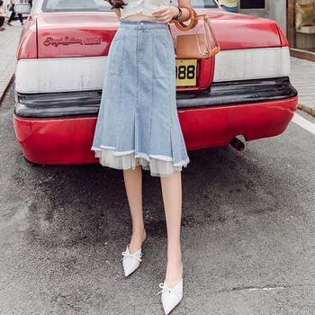 Fusta dama casual din denim cu tul