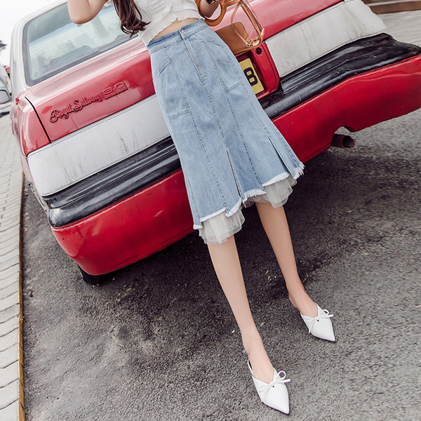 Fusta dama casual din denim cu tul