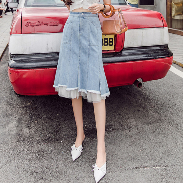 Fusta dama casual din denim cu tul