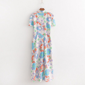 Rochie lunga de dama cu cravate in talie si model floral