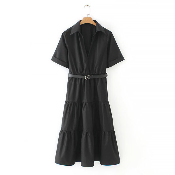 Rochie de dama cu maneca scurta si curea in talie de culoare neagra