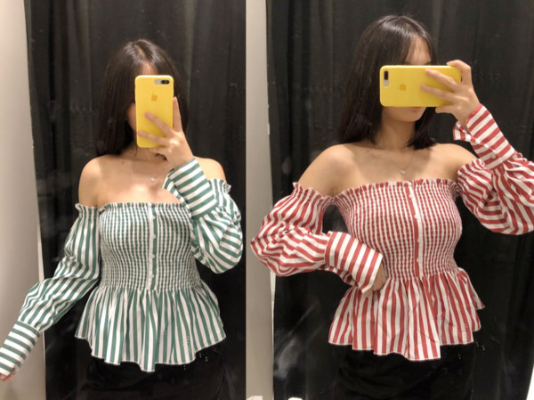 Modern női csíkos ing csupasz vállval, két színben