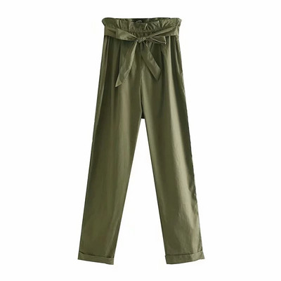 Дамски ежедневни панталони с колан на талията в зелен цвят 