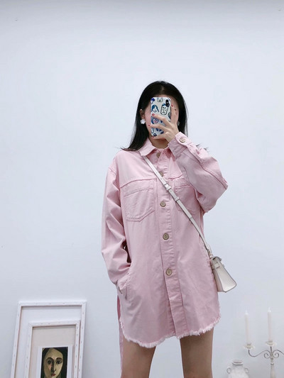 Дълго дънково яке в зелен и розов цвят