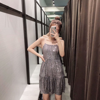 Rochie eleganta de dama cu bretele subtiri de culoare argintie