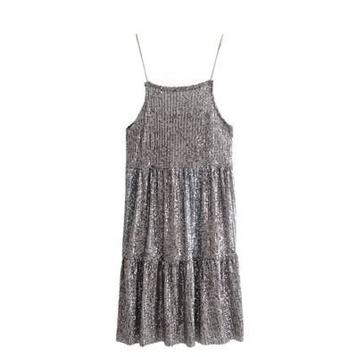 Rochie eleganta de dama cu bretele subtiri de culoare argintie