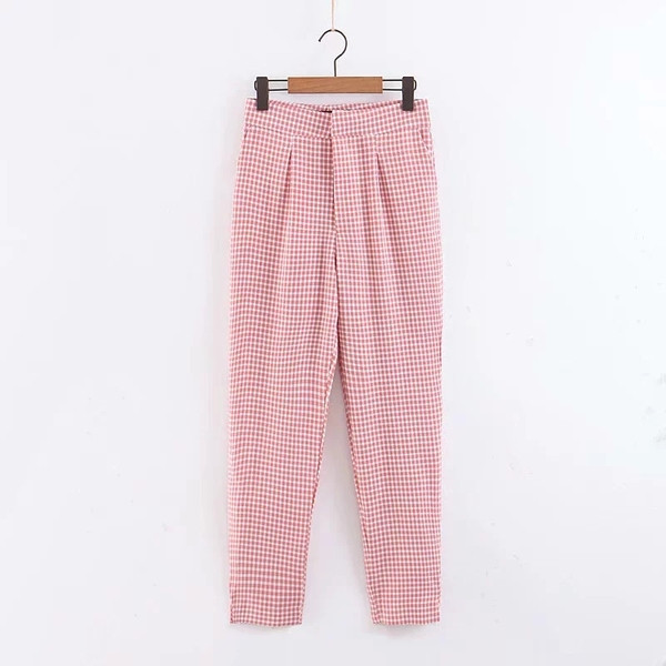 Pantaloni de dama in carouri cu talie inalta de culoare rosie