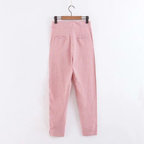 Pantaloni de dama in carouri cu talie inalta de culoare rosie