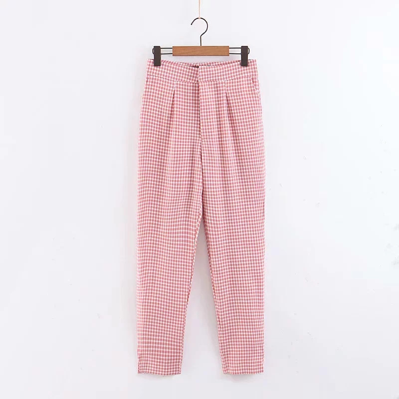 Pantaloni de dama in carouri cu talie inalta de culoare rosie