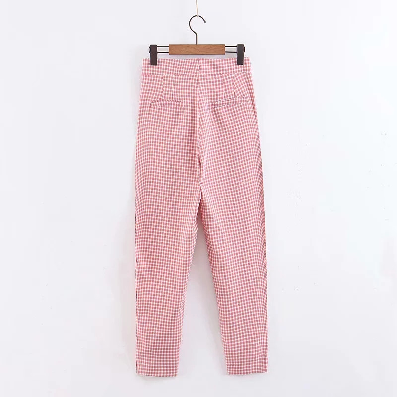 Pantaloni de dama in carouri cu talie inalta de culoare rosie