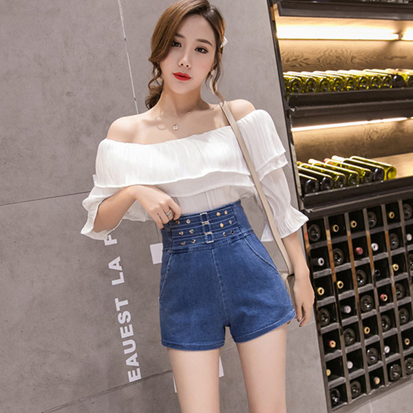 Női magas derekú rövidnadrág kék és fekete színben