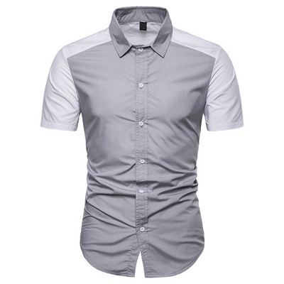 Елегантна мъжка риза с къс ръкав и класическа яка в сив  и бял цвят 
