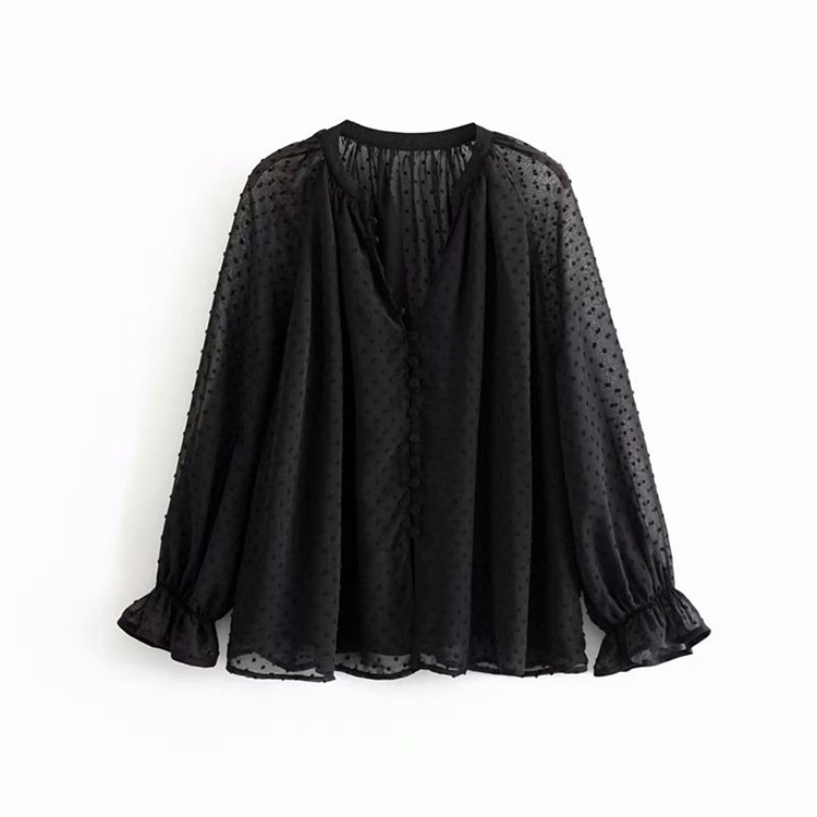 Női blúz mély V-nyakkal, fekete színben