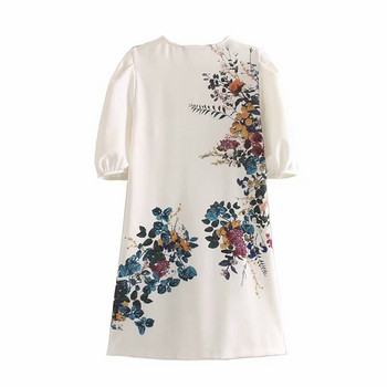 Női ruha V-nyakú és rövid ujjú fehér színben, virágmintával