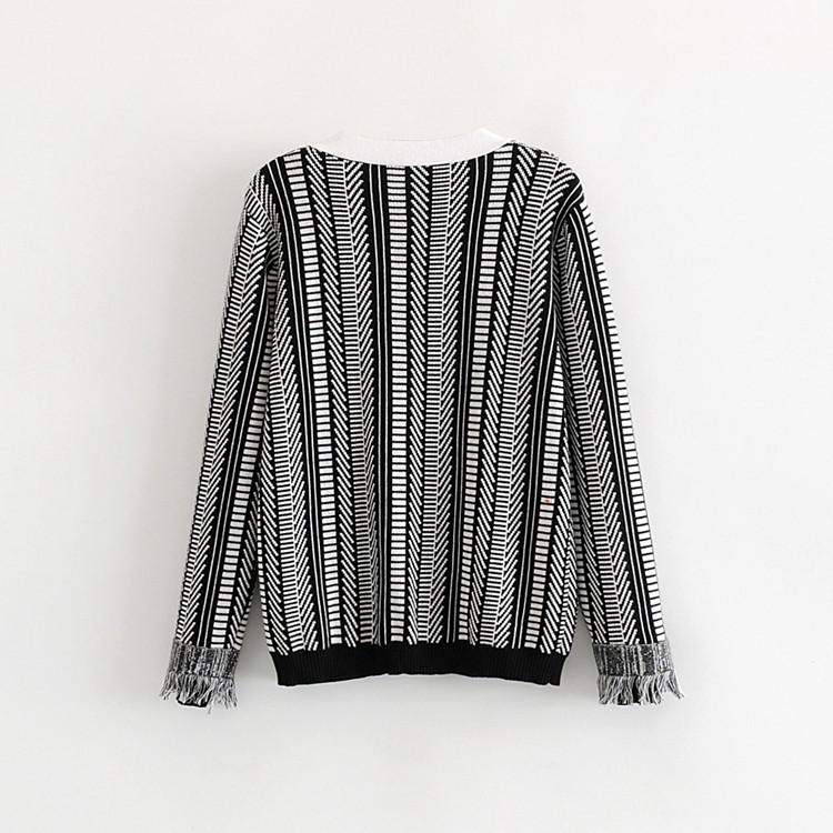 Cardigan de dama alb-negru cu franjuri