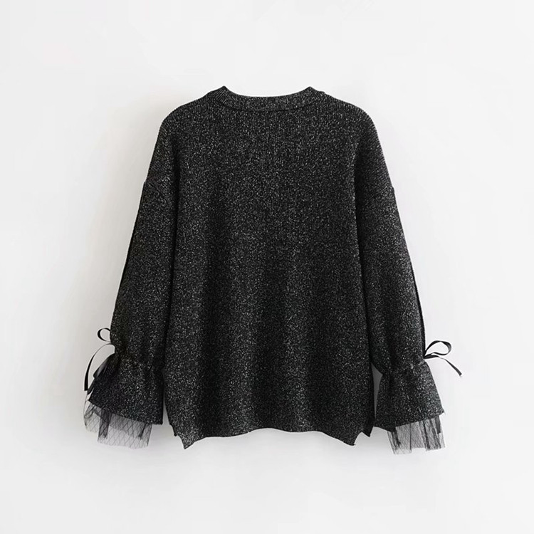 Pulover de dama gri cu maneca lunga si tul