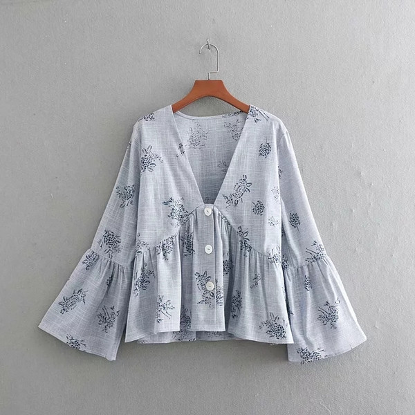 Kék színű, lótusz ujjú női ing