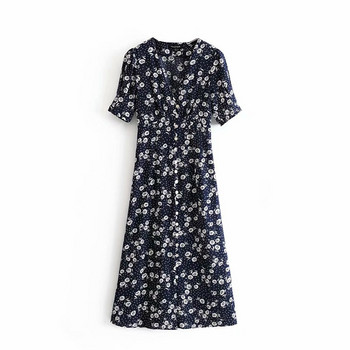 Hosszú női ruha V-nyakú és rövid ujjú