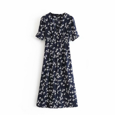 Hosszú női ruha V-nyakú és rövid ujjú