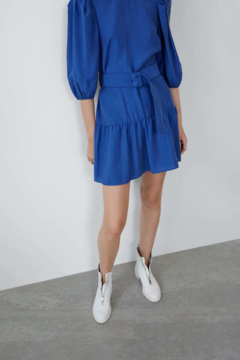 Rövid kék női ruha övvel és 3/4-es ujjal