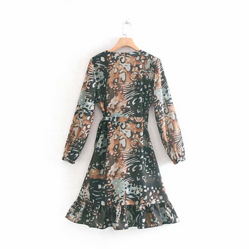 Rochie de damă cu decolteu în V, mâneci lungi și legături în talie