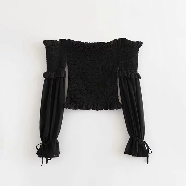 Bluză de damă cu umeri goi, mâneci lungi, de culoare neagră