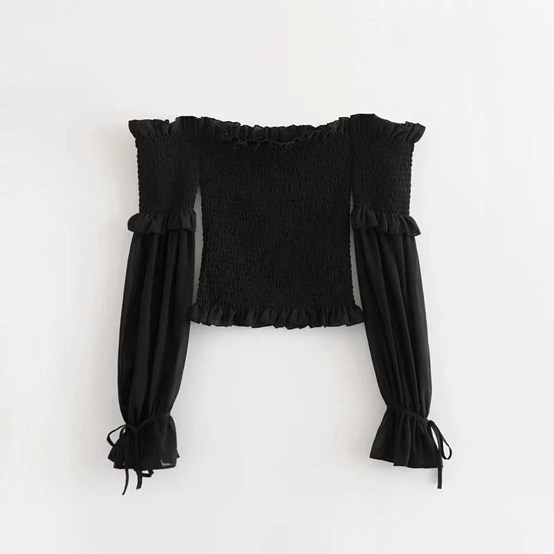 Bluză de damă cu umeri goi, mâneci lungi, de culoare neagră