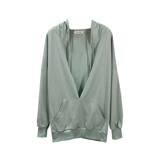 Zöld színű női pulóver kapucnival és nyakkendővel